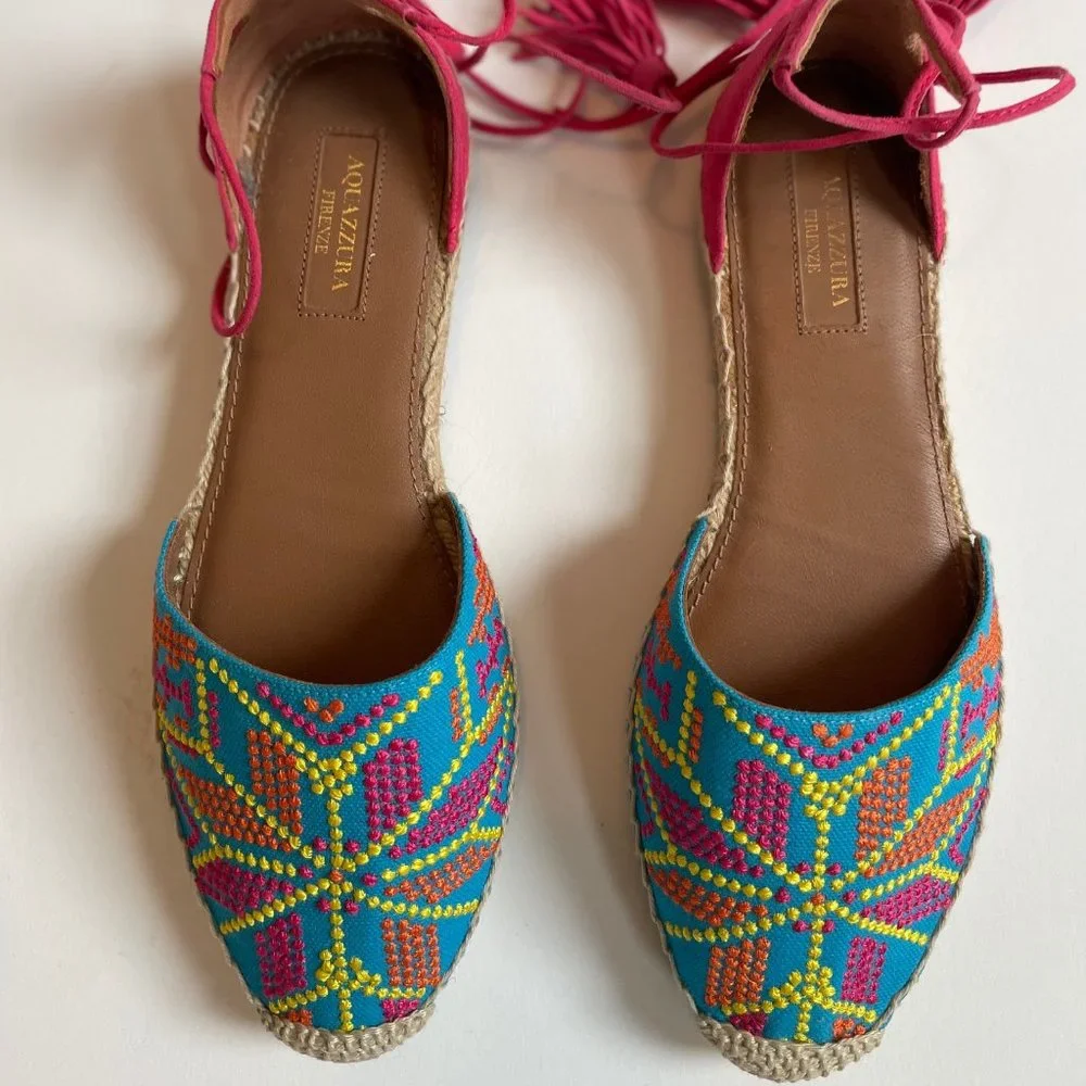 NEW Aquazzura Palm Springs Tassel Espadrille Sandals Size 38 Pink Blue S…